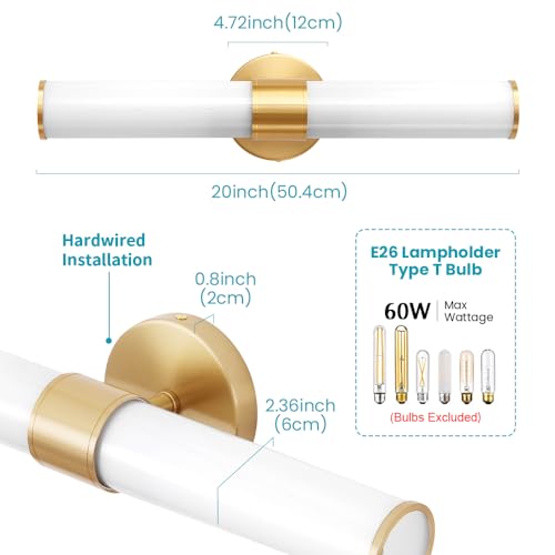 Gold Bathroom Light Fixtures, Vanity Lights for Mirror with Milk Glass Shade, 20 Inch Up and Down Wall Sconces for Bathroom Bedroom Living Room Hallway - Bulb Not Included - color: Gold-C