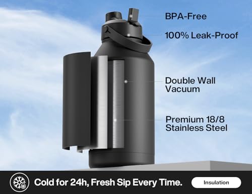 POWCAN 64 oz Insulated Water Bottle with 2-in-1 Straw and Spout Lid, Keep Cold 24H, Leak-Proof, BPA-Free, Double Wall Stainless Steel Water Bottle for Sports, Gym, Travel, and School (Dark Knight) - color: Dark Knight, size: 64 Ounces