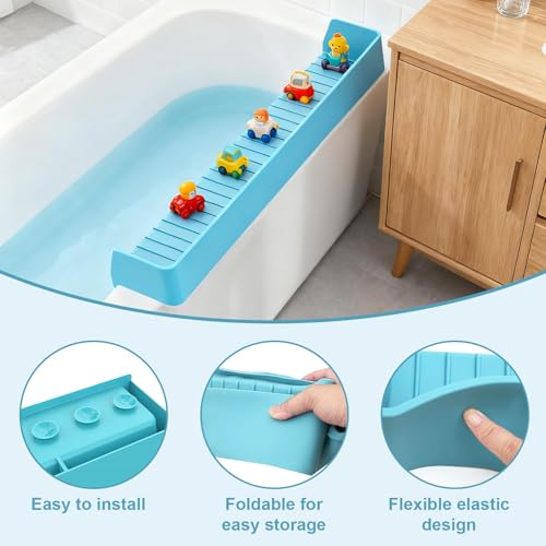 Bathtub Splash Guard for Kids,2.6 FT Silicone Bathtub Play Shelf with 11 Suction Cups, Bath Tub Ledge Shelf for Kids, Prevents Water Spills in Bathroom (Blue) - color: Blue