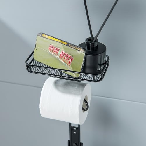Toilet Paper Holder Free Standing, Adjustable Height, Tissue Paper Roll Dispenser with Shelf for Bathroom Storage Holds Reserve Mega Rolls Black - color: Black