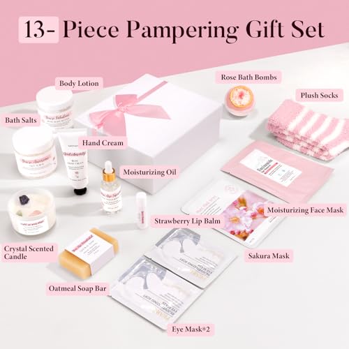 Spa Gifts for Women 13Pcs Mothers Day Gifts Happy Birthday Gift Baskets Christmas Relaxation Home SPA Kit Rose Bath Set Self Care Package Thank You Box for Mom Her Sister Teacher Friends Pink - color: Pink