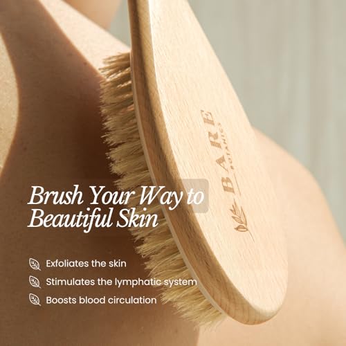 Bare Botanics 17" Extra Long Dry Body Brush - Medium Firmness Back Scrubber | Ergonomic Curved Handle with Silicone Grip and Hang Rope | Natural Bristles | For Shower Use - size: Long Back Brush