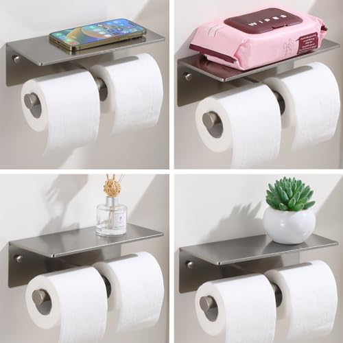 Toilet Paper Holder - Double Rolls Toilet Tissue Holder with Phone Shelf for Bathroom - TP Roll Holder with Wipes Storage, Wall Mounted by Adhesive Tape No Drilling or Screw - Brushed Nickel - color: Brushed Nickel-2 Rolls
