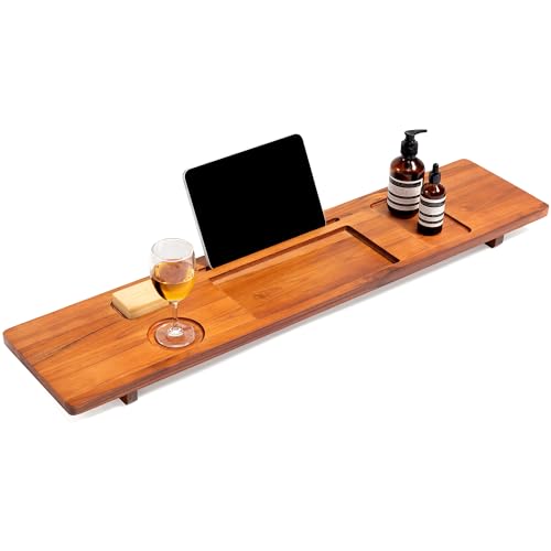 Teak Bathtub Tray for Freestanding Bath, 39" Extra Thick Adjustable Spa Caddy - Non-Slip Anti-Tip Wood Organizer for iPad, Wine & Book - Artisan Natural Finish, Perfect Self-Care Gift - color: Natural Teak, size: 39 Inch