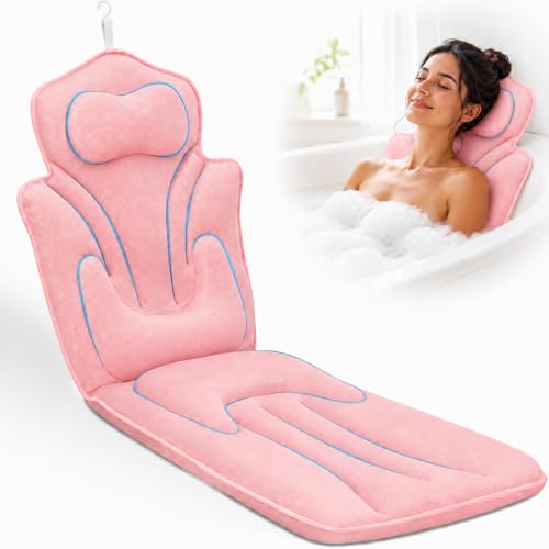 Full Body Bath Pillow for Bathtub Thickened 5D Air Mesh 144 Suction Cups | Bath Pillow Luxury Bathtub Pillow 3.7'' Thick Head, Neck and Back Support Bath Tub Pillow Extra-Large 59 x 20 Inch Size - color: Pink, size: Large