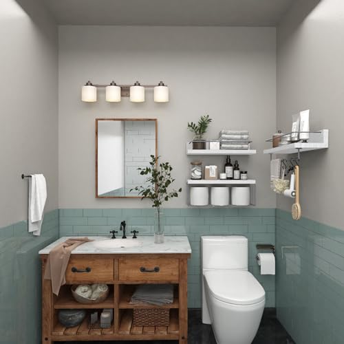 PopiShelves Bathroom Shelves Over Toilet for Wall, Floating Shelves with Storage Basket Paper Holer for Kitchen Living Room, Bedroom & Classroom, Set of 3 (White and Grey) - color: White and Grey, size: 15.7"