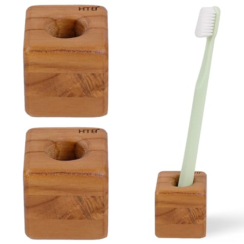 HTB Toothbrush Holder for Bathroom 2 Pack Teak Wood | Toothbrush Stand Organizer Base Station Hollow Drainage Design,Small Countertop Organizer for pens,Makeup Brushes,Space Saver - color: Cube