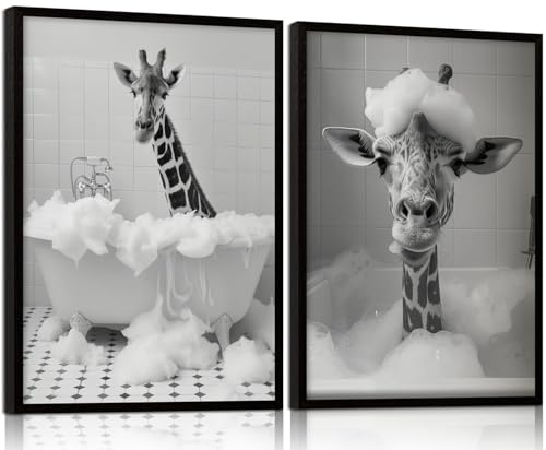 2Pcs Framed Funny Giraffe Bathroom Canvas Wall Art Prints Black and White Gallery Posters Animal Bubble Bath Pictures Modern Wall Decor Bedroom Apartment 12X16 Inch Ready to Hang - color: Black and White Funny Giraffe, size: 16L" x 12W"