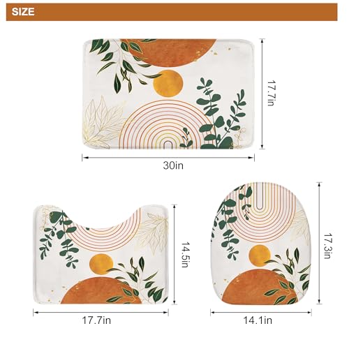 Riyidecor Mid Century 4Pcs Bathroom Shower Curtain Sets Abstract Aesthetic Geometric Bathroom Decor Set with Rugs and Accessories Modern Minimalist Toilet Lid Rug, Contour and Bath Mat with 12 Hooks - color: 05orange
