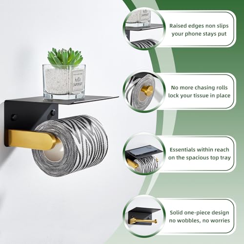 APLusee Black Gold Toilet Paper Holder with Phone Shelf, 304 Stainless Steel Bathroom Paper Holder Wall Mounted, Heavy Duty Tissue Roll Dispenser - color: Black Gold, size: Single Rod