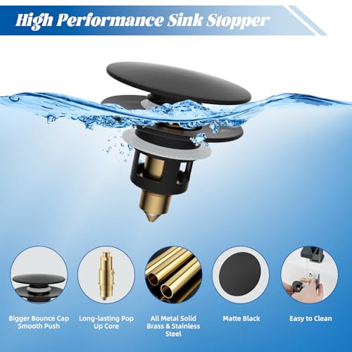 Hibbent All Metal 2 in 1 Bathroom Sink Stopper, Universal Pop Up Drain Strainer, Brass Bullet Core Push Type Sink Stopper for 1.1''~2.3'' Basin, Big Push Button, Anti Clogging Filter, Matte Black - color: Matte Black