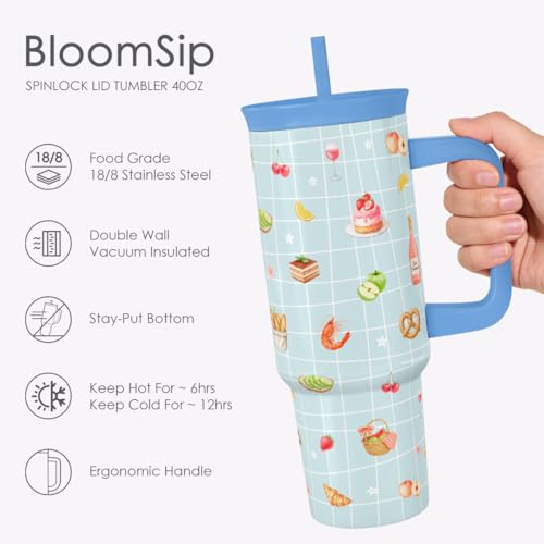 SANDJEST Picnic Stainless Steel Locking Lid Silicone Straw Tumbler with Handle 40oz, Insulated Stainless Steel Travel Cup for Women Girl Friends, Gift Idea for Birthday Christmas - color: Picnic