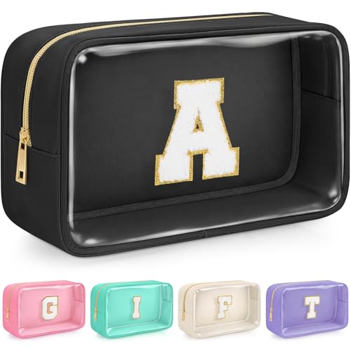 Initial Clear Makeup Bag, Birthday Gift Preppy Chenille Patch Cosmetic Bag, Initial Travel Essentials Beach Toiletry Pouch, Ideal Gift for Teachers & Moms, Women and Girls (Black, A) - color: Black, style: A