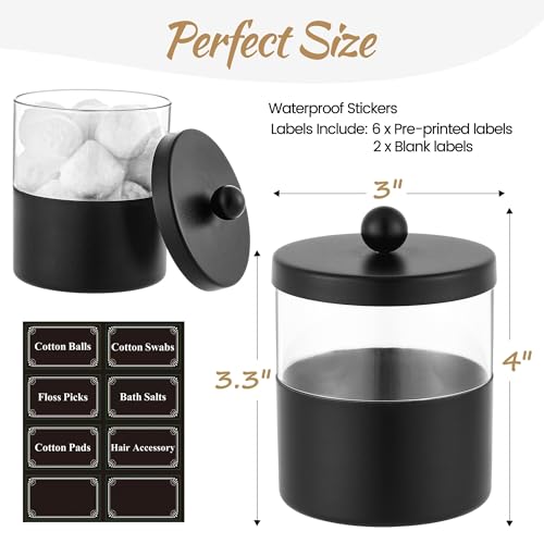 Gaussra Black Apothecary Jars, Black Qtip Holder - Stainless Steel Bathroom Jar with Stickers - Farmhouse Decor Qtip Dispenser for Qtips, Cotton Balls, Swabs, Makeup Sponges (2-Pack)