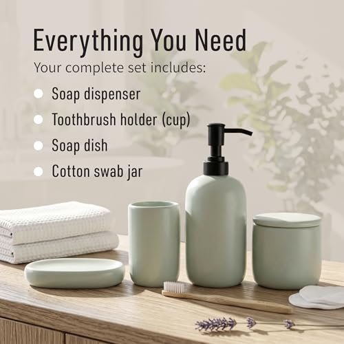 Ceramic Bathroom Accessories Set 4 Pcs – Modern Scandinavian Neutral Bathroom Soap Dispenser Set with Toothbrush Holder, Soap Dish & Cup – Minimalist Bathroom Accessory Set Decor - Sage Green - color: Sage Green