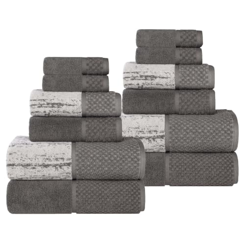 Superior Cotton Bathroom Towel Set Plush Absorbent 12 Piece Charcoal Silver | Soft Quick Dry, Bathroom Essentials, Jacquard & Solid Pattern Assorted Towels, 4 Bath, 4 Hand, 4 Face Towel, Lodie Collection - color: Charcoal-silver, size: 12 Piece Towel Set