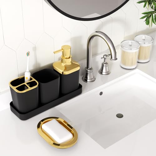 XLHOMO Bathroom Accessories Set - Luxury Black Bathroom Set, 9 Pieces Bathroom Accessory Set, Black Bathroom Accessories with Trash Can, Toilet Brush & Soap Dispenser - color: Black & Gold, size: Bathroom Set