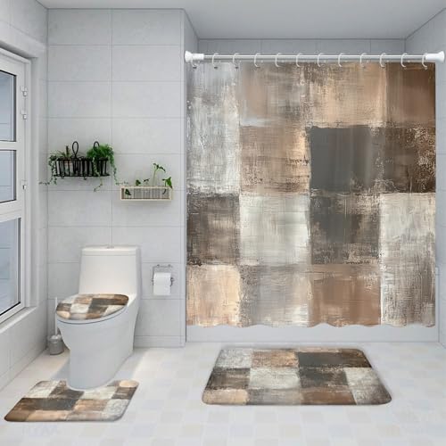 4PCS Brown Grey Abstract Shower Curtain Set, with Non-Slip Rugs, Toilet Lid Cover and Bath Mat Rustic Farmhouse Acrylic Aesthetic Unique Vintage for Bathroom Bathtub Decor Accessories, 72x72 Inch - color: Brown Grey