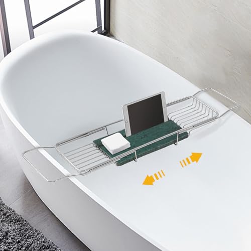 Expandable Bathtub Tray Caddy Shelf with Marble Table Mobile/Tablet Stand, Luxury Bath Tub Tray Rack, Bathroom Home Spa Shower Accessories Perfect Relaxing Spa Gifts for Women, Towel - color: Silver Rack+green Marble Board