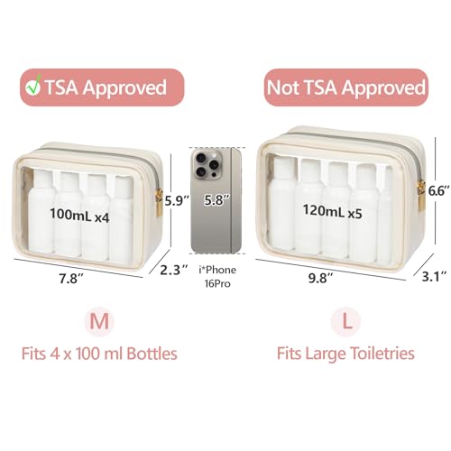 PACKISM Clear Makeup Bag Foldable - TSA Approved Toiletry Bag for Travel | Metal Zipper, Reinforced Seam, Water Resistant, Medium for Carry-on, Large for Checked Luggage, for Car Storage Organizer - color: 2 Pack Beige, size: Hybrid Traveler (1 Large & 1