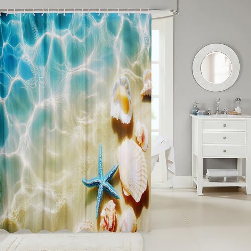 Hawaiian Beach Shower Curtain - Coastal Nature Theme with Sea Waves, Animals, Shells & Starfish - Teal Blue, 72" W x 72" L - color: Multi 015, size: 72"W x 72"L (Pack of 1)