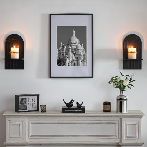Black Boho Candle Sconces Decor: Set of 2 Wood Mid-Century Wall Candle Holder for Hallway Fireplace Bedroom - Arch Wall Shelf for Plants Pillar Candles - color: Black