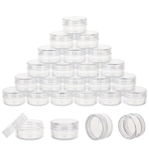 25 Count 5 Gram Sample Containers, Clear Lip Balm Containers with Lids, Small Plastic Sample Jars with 2 Mini Spoons, 25pcs Labels (Clear Lid) - color: Clear, size: 25 Count