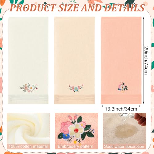 Tingjoo 3 Pcs Spring Fancy Flowers Hand Towels Boho Soft Embroidered Modern Pink White Floral Bath Towels Washable 14x29 Inch Farmhouse Decorative Spring Summer Cotton Cute Decor for Bathroom Kitchen - color: Brown Yellow Pink, style: Bohemian