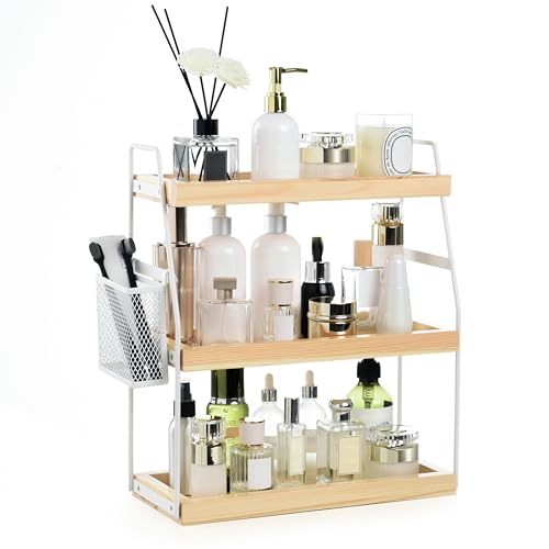 Uneviesyka Bathroom Counter Organizer, 3-Tier Standing Storage Shelf with Basket, Wood Tray for Skincare Vanity Organizer(White) - style: 3 Tier White
