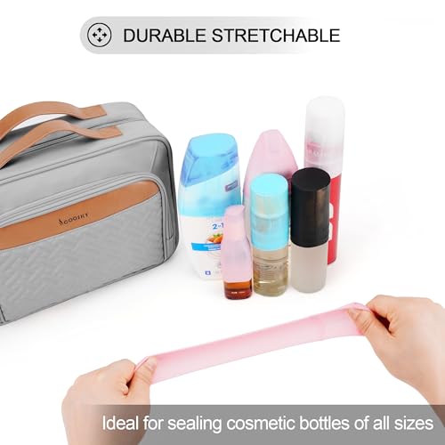 Travel Hanging Toiletry Bag for Women, Large Makeup Bag 8 Leak Proofing Silicone Bottle Covers, Waterproof Cosmetic Bag with Jewelry Organizer Compartment, Toiletries Kit Set, Grey - color: Grey, size: Large*1 + Leak Proofing Bottle Covers*8