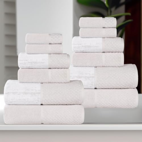 Superior Cotton Bathroom Towel Set, Plush Absorbent, 12 Piece, Stone White | Soft Quick Dry, Bathroom Essentials, Jacquard & Solid Pattern Assorted Towels, 4 Bath, 4 Hand, 4 Face Towel, Lodie Collection - color: Stone-white, size: 12 Piece Towel Set (Jacq