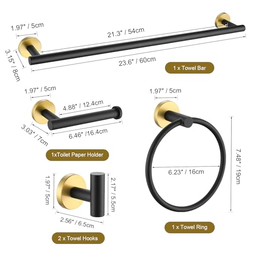 TURS Black and Gold Bathroom Hardware Set 5 Piece, SUS304 Stainless Steel Gold Black Towel Bar Set, 24 Inch Bathroom Accessories Kit Wall Mounted - color: Black&gold