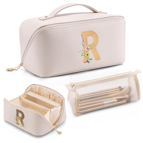 VLANDO Personalized Birthday Gift,Initial Makeup Organinzer,Graduation Gifts for Sister Birthday Gift Ideas,Monogrammed Cosmetic Travel Bag(Letter R) - color: 14.White-R