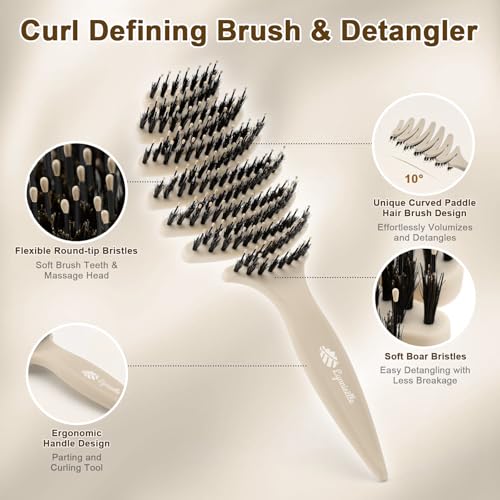 Wet Natural Boar Bristle Hair Brush for Fine Hair - A Great Gift | Smoothing Vented Detangling, Hair Texture, Gentle Scalp Feel, for Women and Men, Paddle, Frizz, Thin Hair, High Quality - color: Ivory