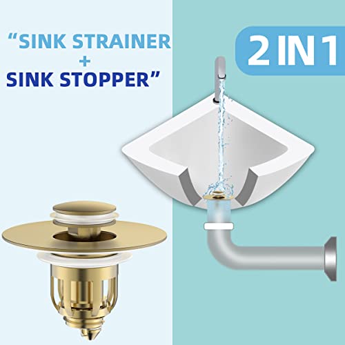 MUAIOLAUS Universal Bathroom Sink Stopper, Pop Up Sink Stopper with Basket Hair Catcher, Anti Clogging Sink Drain Filter for 1.06"-1.65" Drain Holes - color: Gold