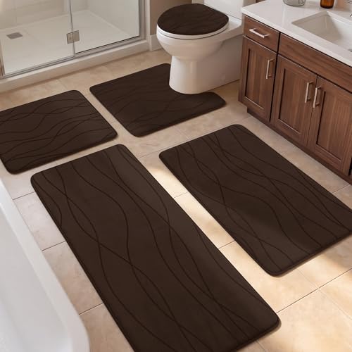 YIHOUSE Bathroom Rugs Set 5 Piece, Memory Foam Bath Mat Brown | Ultra Soft, Absorbent, Non-Slip, Machine Washable, for Bathroom, Sink and Toilet - color: Brown, size: 3'10" x 1'8" (Rectangular)