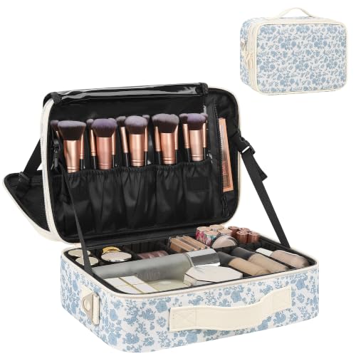 Relavel Makeup Bag Travel Train Case for Women and Girls, Cute Cosmetic Storage Organizer Box Portable Shoulder Bag with Adjustable Dividers and Makeup Brush Comparment, Floral Print - color: Floral Print, size: Medium