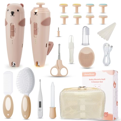 Lilian&Gema Baby Healthcare and Grooming Kit, 28-in-1 Rechargeable Nail Trimmer Electric Set, Dual Auto Light Baby Nail Care Kit, Portable Newborn Nursery Health Care Set for Infant Toddlers Boy Girl - color: Brown