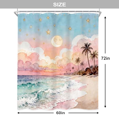 Newsely Ocean Shower Curtain 60Wx72L Inch Pink and Blue Sea Waves Watercolor Painting Palm Trees Moon Sky Cloud Girly Bathroom Set Sunrise Sunset Waterproof Bath Decoration Accessories Home Decor - color: A-02pink Beach, size: 60"W x 72"L (Pack of 1)