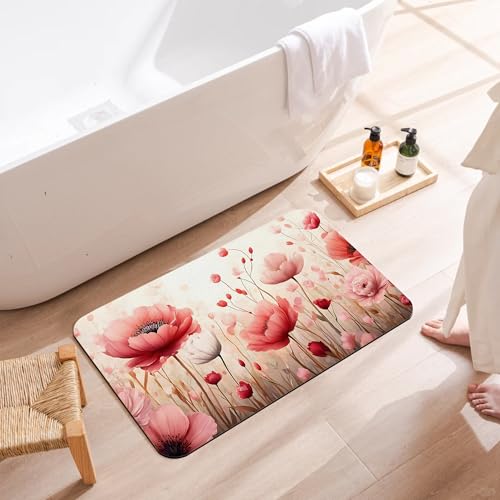 Bathroom Floor Mat,Spring Flowers Bathroom Rugs,Quick Dry Red Pink Floral Diatomaceous Bath Mat,Non Slip Super Absorbent Soft Floor Mat for Home Kitchen Dorm Patio 17 X 29.5 Inch - color: Spring Flowers