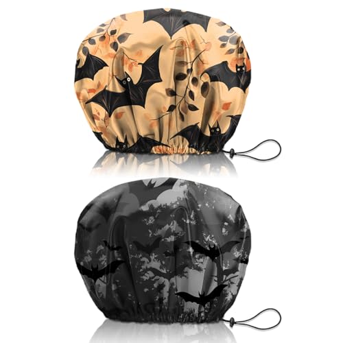 2 PCS Shower Cap Reusable Waterproof Double Layers Hair Caps Shower Bath Adjustable Elastic Hat for Women Girls Cute Aesthetic-Bat - color: AI1-Bat