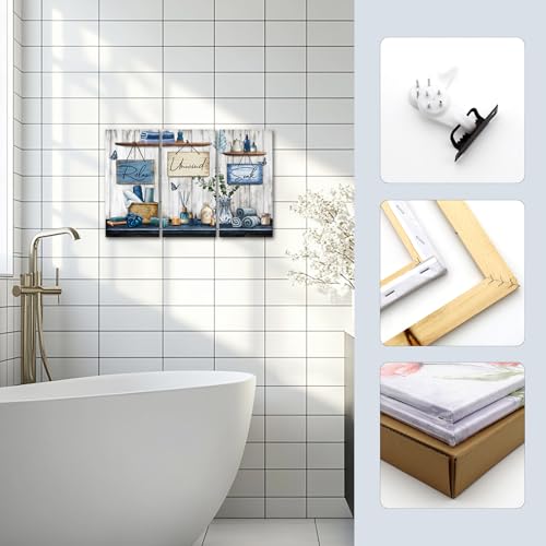 sechars Bathroom Wall Art Relax Unwind Soak Signs Canvas Prints Blue Spa Decor, 8x16 Inches Each, Framed (Blue) - color: Blue