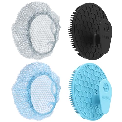 Silicone Body Scrubber with Scrub Net Set, BEAUTAIL 4 Pack for Rich Lather, Deep Cleansing, and Exfoliation – Durable, Easy to Clean, Gentle or Firmer Options – 2 Brushes (BK+BL), 2 Scrub Nets (GY+BL) - color: Black+blue