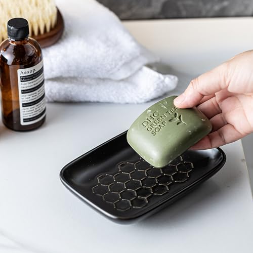 Gomakren Soap Dish for Shower, Ceramic Bar Soap Holder with Honeycomb Design - Father's Day Soap Saver Tray for Bathroom Kitchen Sink, Sponge & Organizer Tray, Upscale Look, 5.5 Inch, Black - color: Black, size: Honeycomb