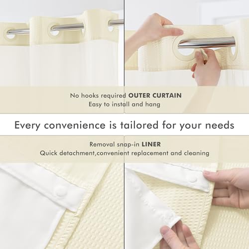 Mrs Awesome No Hook Shower Curtain with Snap-in Liner Less Time On/Off, Embossed Waffle-Look Textured Fabric Shower Curtain for Bathroom, Soft & Lightweight, 71x74, Cream - color: Cream, size: 71"W x 74"L (Pack of 1)