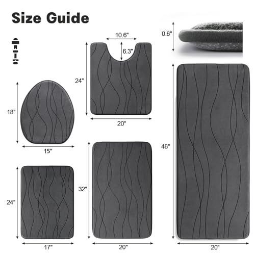YIHOUSE Bathroom Rugs Set 5 Piece, Memory Foam Bath Mat Dark Grey | Ultra Soft, Absorbent, Non-Slip, Machine Washable, for Bathroom, Sink and Toilet - color: Dark Grey, size: 3'10" x 1'8" (Rectangular)
