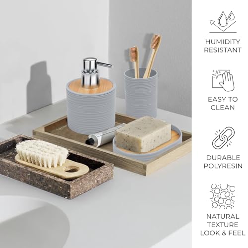 CERBIOR Bathroom Accessories Set 6 Piece Bamboo Bath Ensemble Includes Soap Dispenser, Toothbrush Holder, Toothbrush Cup, Soap Dish for Decorative Countertop and Housewarming Gift, Sriral Grey - style: Grey