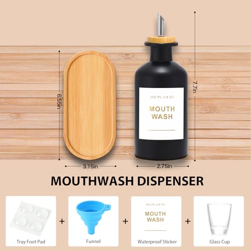 11.8OZ Mouthwash Dispenser for Bathroom with Bamboo & Stainless Steel Pour Spout, Mouthwash Cups Reusable, Bamboo Tray, and Elegant Gold Label. Set of 2（Black/White - color: Black/White/350*2