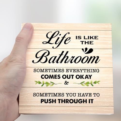 Burlywood Life is Like The Bathroom Wooden Box Sign Desk Decor,Funny Bathroom Wood Block Sign for Farmhouse Toilet Shelf Decor - color: Burly Wood