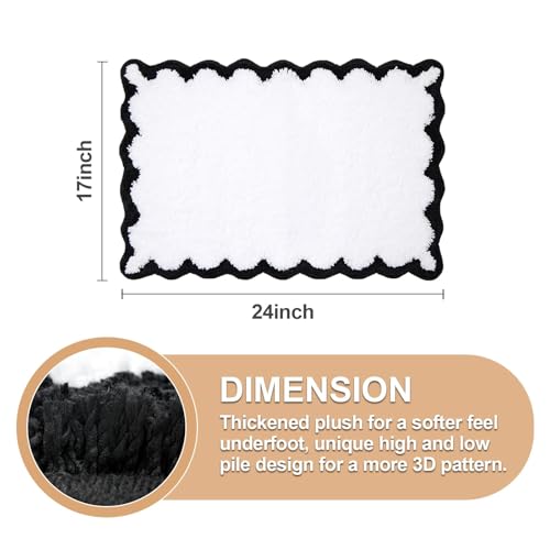 ORTIGIA Small Cute Scalloped Bath Mat, White and Black Plush Microfiber Scallop Bathroom Rugs Non Slip Washable Quick Dry Absorbent, Bathmat for Shower Stall Vanities Kitchen Floor Entrance, 17x24 - color: Black and White, size: 1'5" X 2'(rectangular)